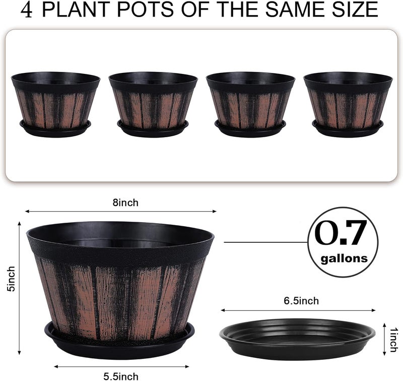 Quarut 8 inch Brown Plastic Whiskey Barrel Plant Pots Set of 4 with Drainage Holes and Saucer for Indoor and Outdoor Garden Home Plants - Image 2